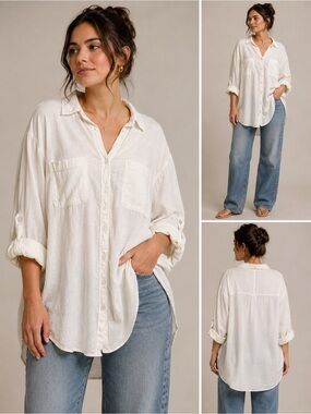 American Eagle Women’s Oversized Linen Blend Button-Up Shirt White Medium